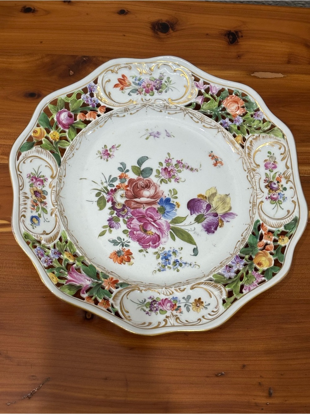 Decorative Floral Pierced Porcelain Plate - Multicolor